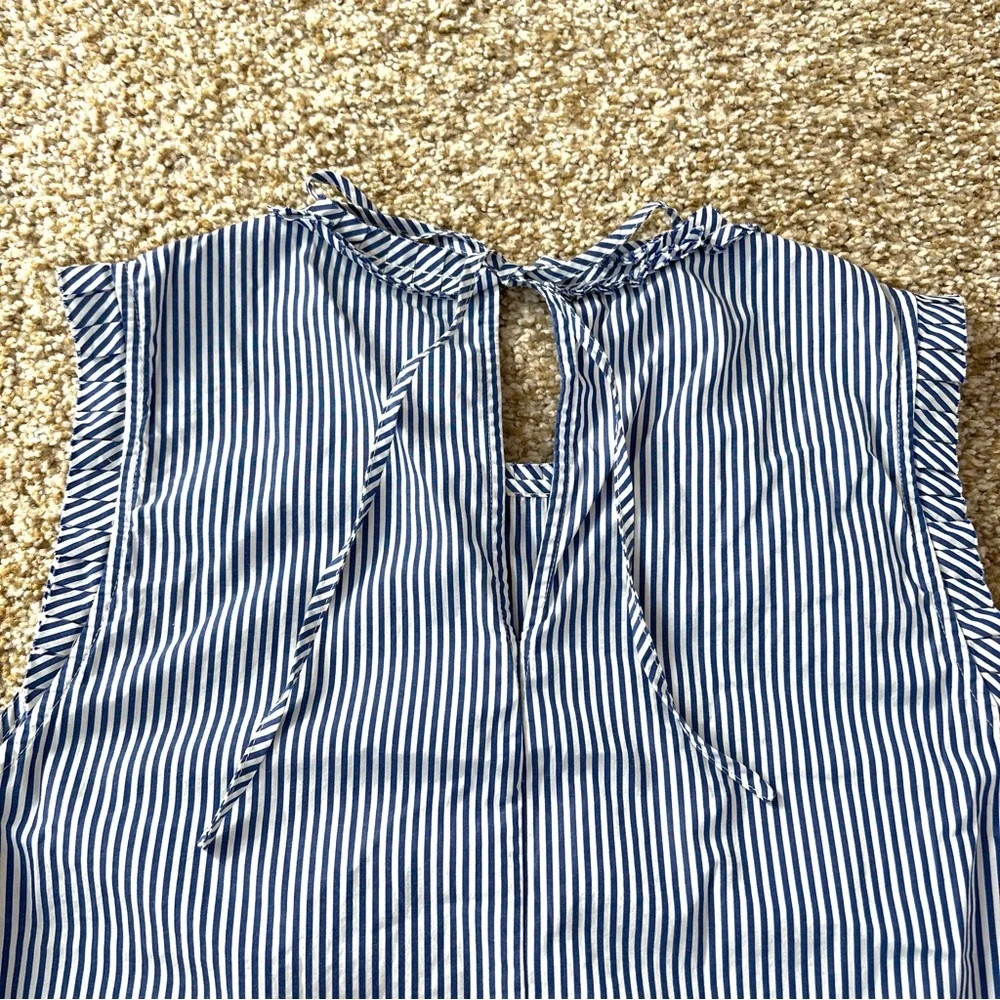 J. Crew Blue and White Stripe Ruffle Trim Sleeveless Top Size 8 - Picture 7 of 8